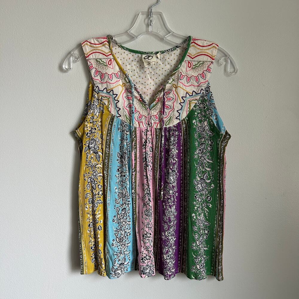 Anthropologie Multicolor Floral Stripe Embroidered Sleeveless Tunic Blouse Small